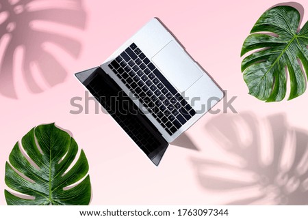 Laptop computer with tropical leaves from above