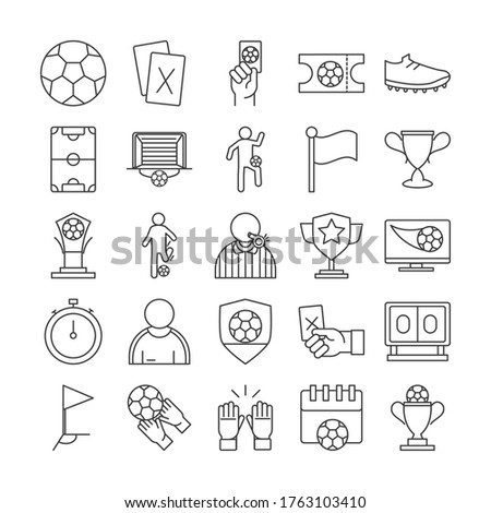 soccer game, trophy league recreational sports tournament line style icons set vector illustration