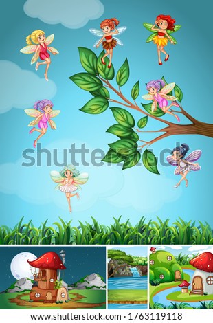 Four different scene of fantasy world with beautiful fairies in the fairy tale illustration