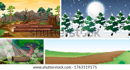 Four different nature scene of different season cartoon style illustration