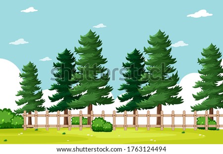 Pines tree in the nature park with bright blue sky scene illustration