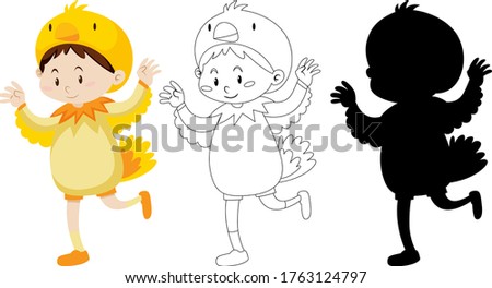Boy wearing chicken costume with its outline and silhouette illustration
