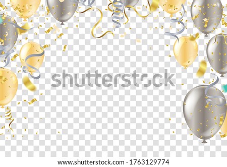 Gold color balloons on sight with gold confetti isolated on background. 3D illustration of celebration, party