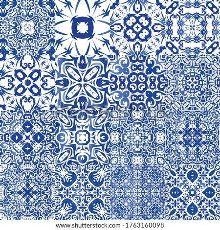 Ceramic tiles azulejo portugal. Hand drawn design. Collection of vector seamless patterns. Blue ethnic backgrounds for T-shirts, scrapbooking, linens, smartphone cases or bags.