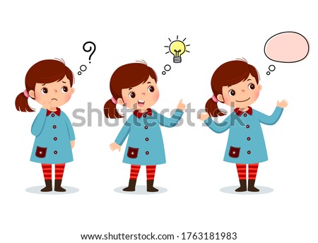 Vector illustration of cartoon kid thinking. Thoughtful girl, confused girl, and girl with illustrated bulb above her head.