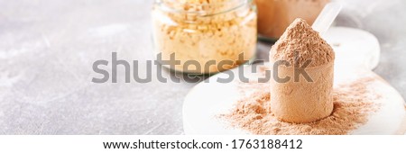 Different protein powder for sports food. Fitness food. Banner. Copy space Royalty-Free Stock Photo #1763188412