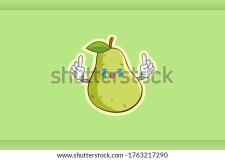 CRYING, SAD, SOB, CRY Face Emotion. Double Forefinger Hand Gesture. Green Pear Fruit Cartoon Drawing Mascot Illustration.