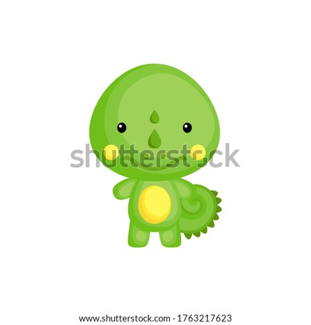 Cute funny baby iguana isolated on white background. Adorable animal character for design of album, scrapbook, card and invitation. Fun zoo. Flat cartoon colorful vector illustration.