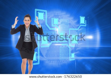 Angry businesswoman gesturing against global technology background
