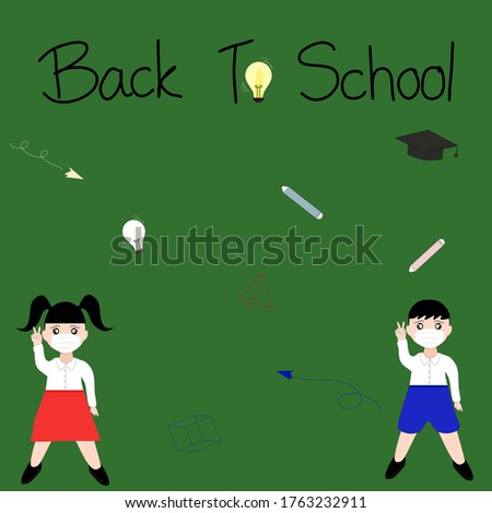 Vector - Character boy and girl wearing white face mask with wording "Back To School" during Coronavirus (Covid-19) epidemic. Healthcare concept.