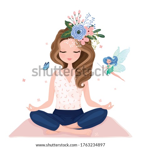 Pretty girl practicing yoga with little fairy vector illustration.