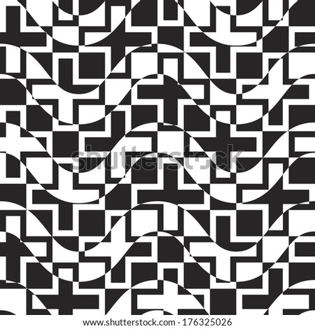 Abstract Seamless Monochrome Cross and Waves Pattern. Vector Modern Art