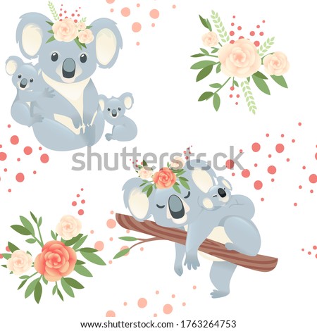 Seamless pattern cute gray female koala mother with small children flat vector illustration on white background with flowers