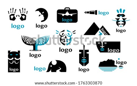 Set of logos for a travel company. Original silhouettes and shapes. Collection of illustrations isolated on a white background. Vector