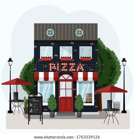 Facade of a pizza restaurant with outdoor tables and home delivery. Vector illustration of a pizzeria with a red and white canopy, Billboard and potted plants. Nice building of an Italian restaurant