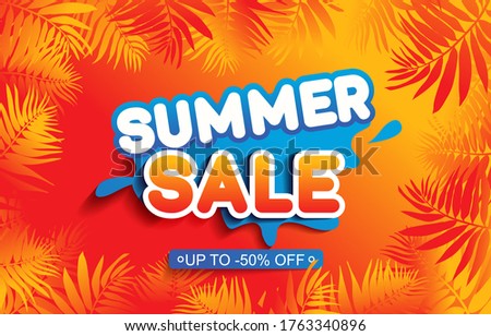 Summer sale vector background with palm leaf on light yellow sand beach background. Nature summer tropic concept. Discount text offer 50 percent off. Vector illustration.