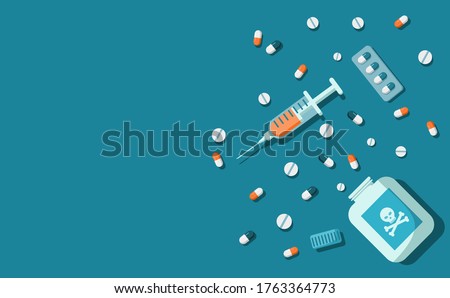 International day against drug abuse and illicit trafficking background design. Flat style vector illustration of flat lay top view of capsule and pill drugs and injection. Royalty-Free Stock Photo #1763364773