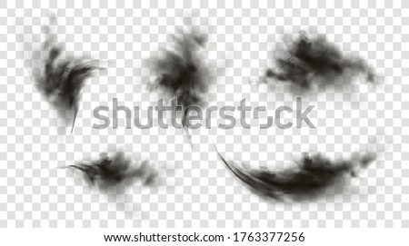 Black smoke or fog isolated on transparent light background. Abstract black powder explosion with particles. Colorful dust cloud explode, paint holi, mist smog effect. Realistic vector illustration