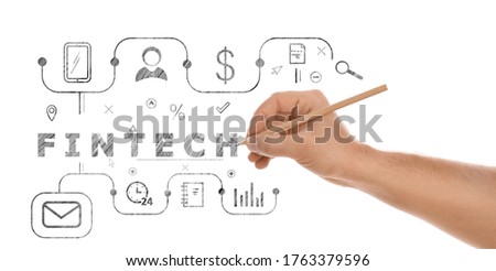 Man drawing word Fintech and scheme on white background, closeup