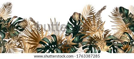 Tropical golden and emerald leaves seamless pattern border frame with vector image Royalty-Free Stock Photo #1763387285