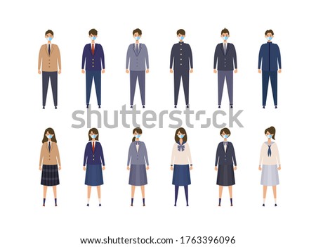 Group of masked students from Japanese high and middle school. Vector illustration of boys and girls in uniform of different colors. Isolated graphics.