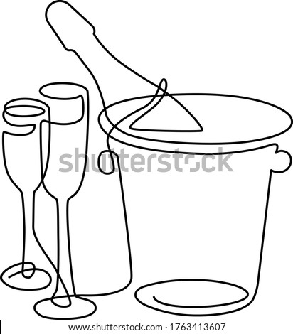 Champagne bottle in bucket and glasses сontinuous one line vector illustration minimalism style