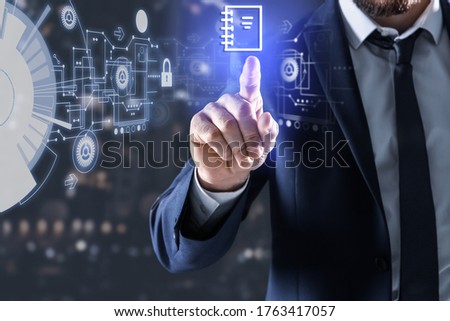 Businessman clicking on document icon using virtual screen, closeup