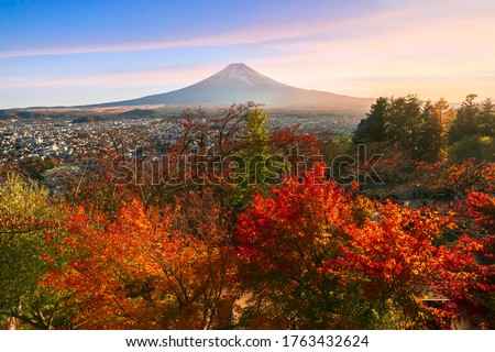 Japan Beautiful view of mountain Fuji and Chureito pagoda around maple leaf tree in autumn season at Yamanashi Japan