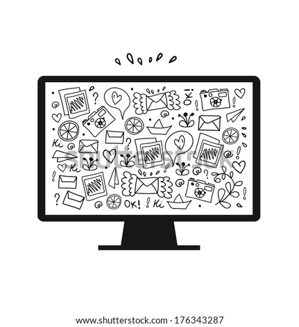 Vector illustration of detailed isolated image of monitor with many cute details. Screen. Computer silhouette