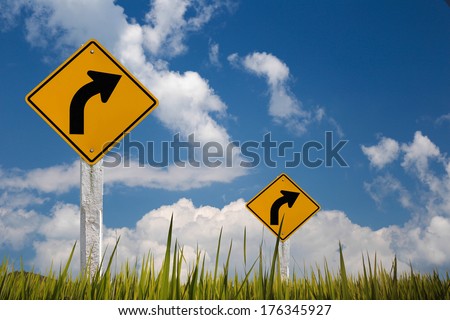 traffic sign turn right with sky .