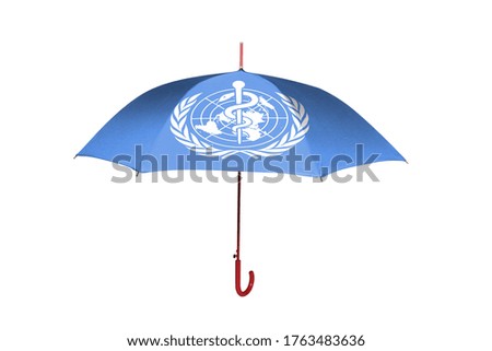 Umbrella with flag of WHO isolated on white background.