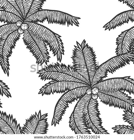 Seamless pattern. Exotic, palm tree with coconuts. Sketch scratch board imitation. Black and white. Engraving vector illustration.