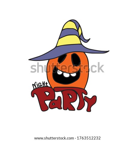 Funny pumpkin in a hat and text night party.A traditional element of Halloween. Vector illustration.