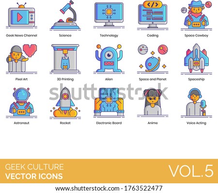 Geek culture icons including news channel, science, technology, coding, cowboy, pixel art, 3D printing, alien, space and planet, spaceship, astronaut, rocket, electronic board, anime, voice acting.