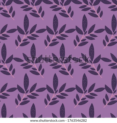 Hand drawn seamless pattern purple branches with leaves. Decorative foliage ornament backdrop. Leaf endless wallpaper. Design for fabric, textile print, wrapping paper, cover. Vector illustration.