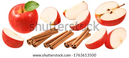 Red apples slices and cinnamon set isolated on white background. Package design element with clipping path