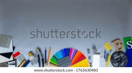 Advertising mattrials and samples on silver background.