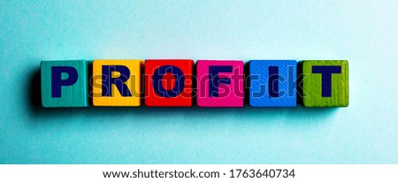 The word PROFIT is written on multi-colored cubes on a deep background. Business concept