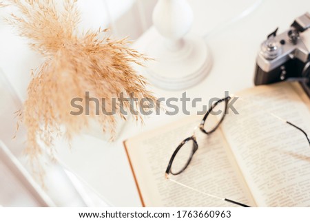Vintage camera with vintage decoration - book, glasses, dry flowers. Selective focus, blurred background