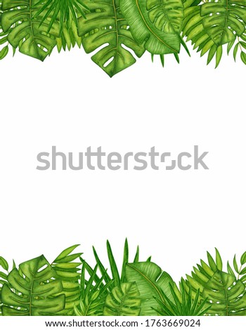 Watercolor border with green tropical leaves, rainforest/jungle palm branches. Hand drawn template. Summer nature frame on white background for design invitations, greeting cards, poster.