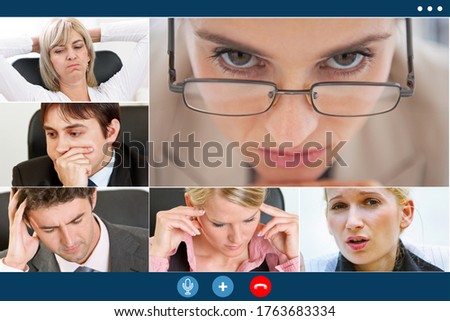 group video call screen of stressed business colleagues having video meeting trying to overcome crisis. Royalty-Free Stock Photo #1763683334