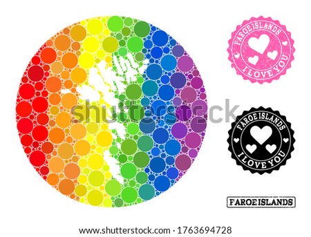 Vector mosaic LGBT map of Faroe Islands with circle items, and Love grunge seal. Subtraction circle map of Faroe Islands collage created with circles in various sizes, and rainbow colored color hues.