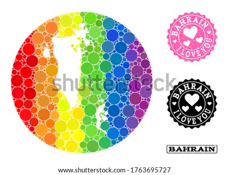 Vector mosaic LGBT map of Bahrain with round elements, and Love watermark seal. Hole circle map of Bahrain collage designed with circles in various sizes, and spectrum colorful color tints.
