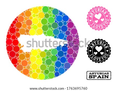 Vector mosaic LGBT map of Asturias Province with spheric spots, and Love grunge stamp. Subtraction circle map of Asturias Province collage designed with circles in various sizes,