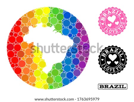 Vector mosaic LGBT map of Brazil with round items, and Love grunge stamp. Hole round map of Brazil collage formed with circles in variable sizes, and spectrum colored color tinges.