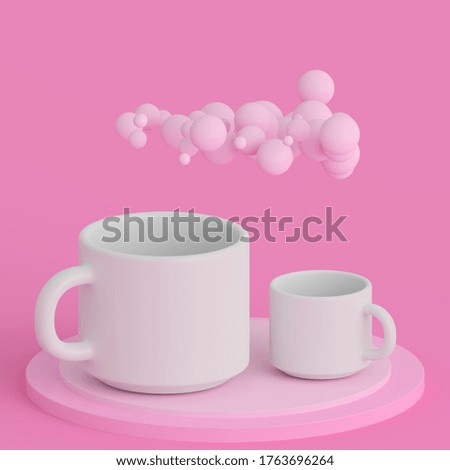 White cup on a pink minimalist background. Сoffee and tea cup with clouds and balloons.