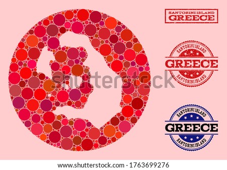 Vector map of Santorini Island collage of round spots and red rubber seal stamp. Hole round map of Santorini Island collage formed with circles in various sizes, and red color tints.