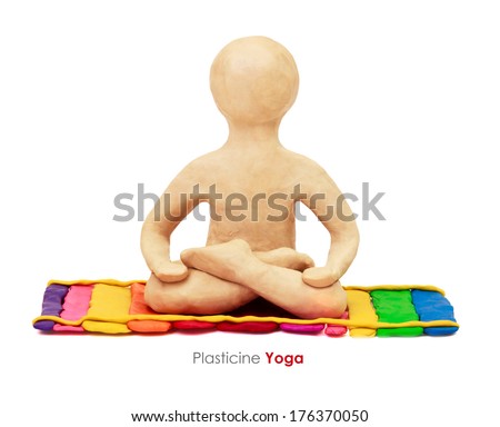 Plasticine man sitting in maditation yoga lotus posture on white background