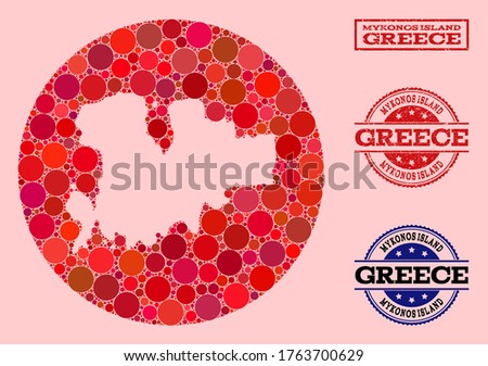 Vector map of Mykonos Island collage of round elements and red watermark seal stamp. Stencil circle map of Mykonos Island collage created with circles in variable sizes, and red color tints.