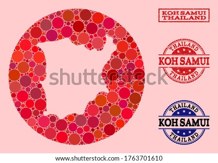 Vector map of Koh Samui collage of circle elements and red grunge stamp. Subtraction circle map of Koh Samui collage composed with circles in variable sizes, and red shades.